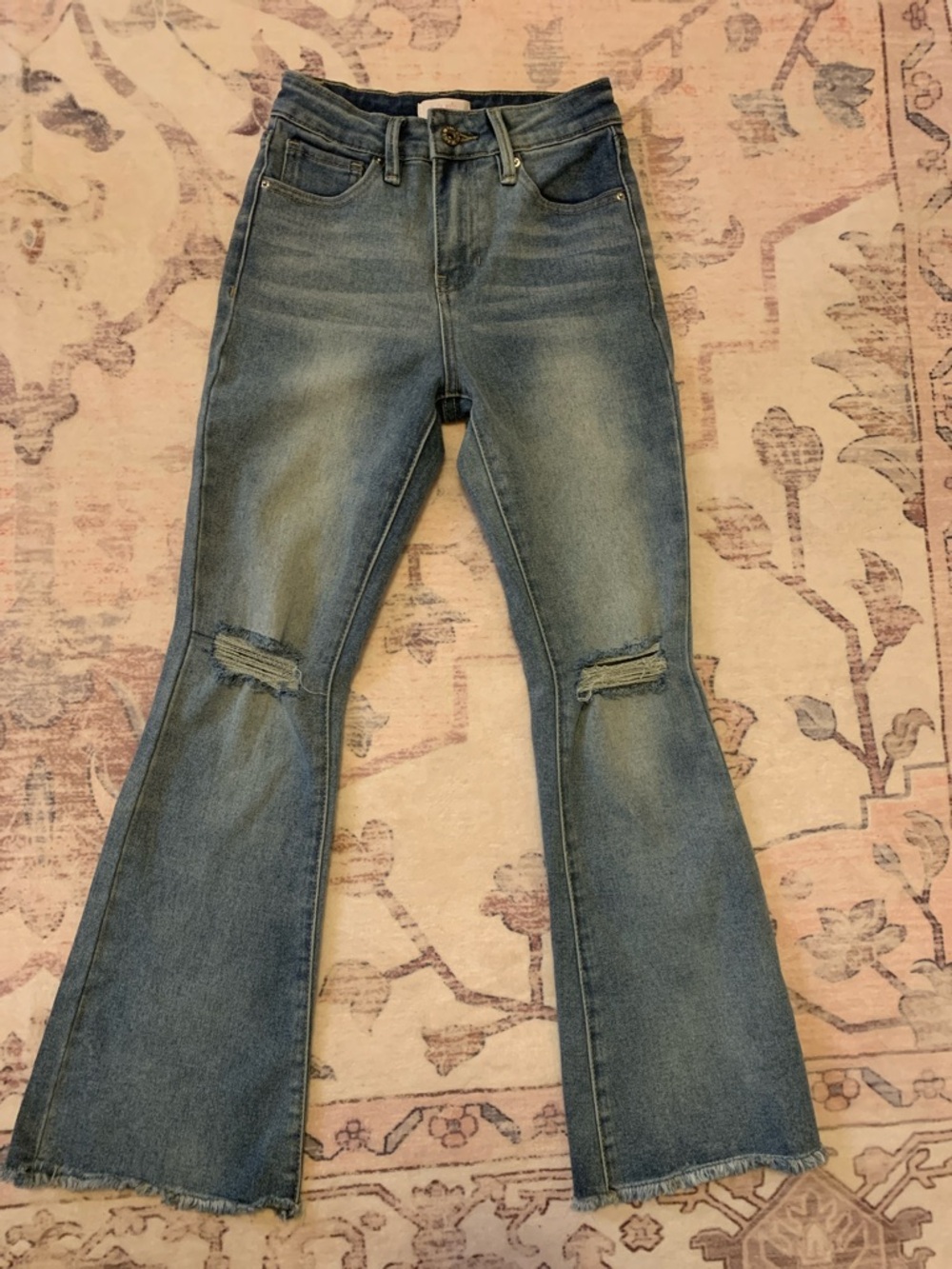 Classic Blue Distressed Flare Jeans - Girls